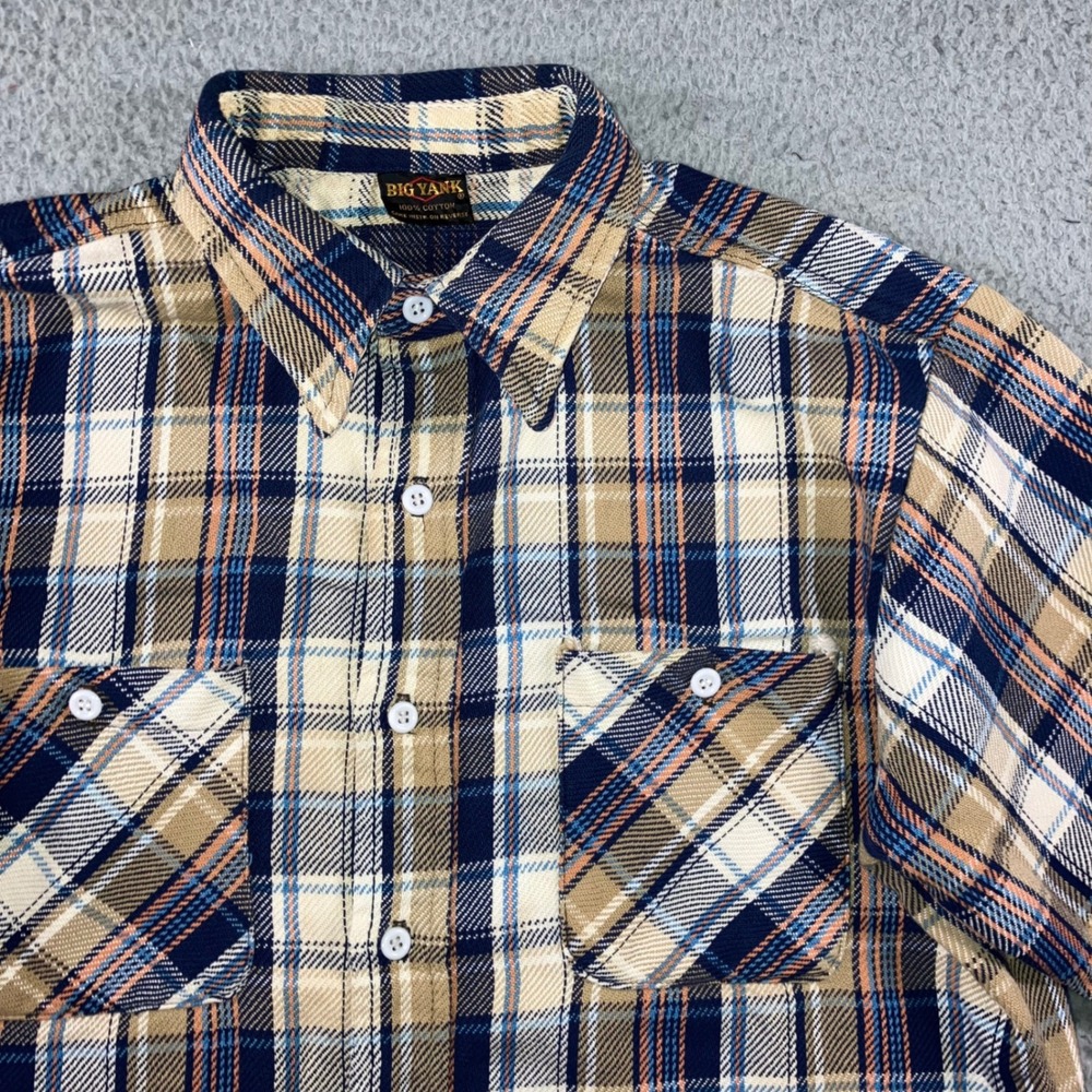 Vtg 70s Big Yank Heavyweight Flannel Shirt L Boxy Relaxed Crop S/S Distressed